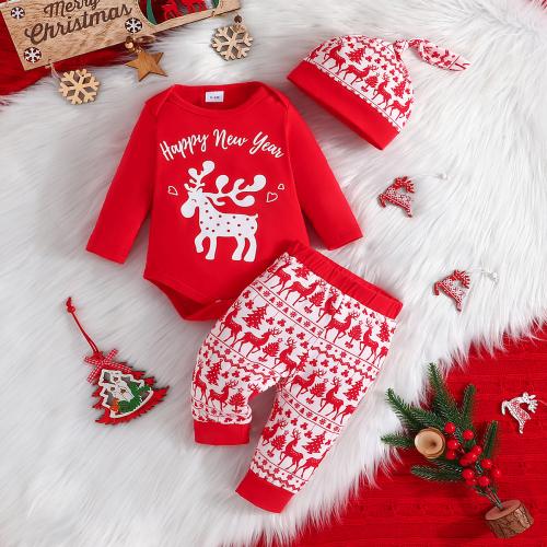 Polyester Children Christmas Costume Cute & christmas design & two piece Hat & Pants & top printed letter Set