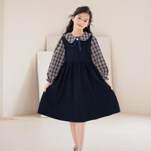 Polyester Slim Girl One-piece Dress & two piece suspender skirt & top printed Navy Blue Set