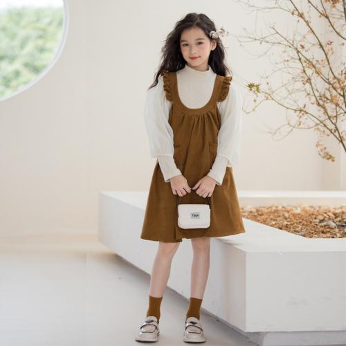 Polyester Slim Girl One-piece Dress & two piece suspender skirt & top brown Set