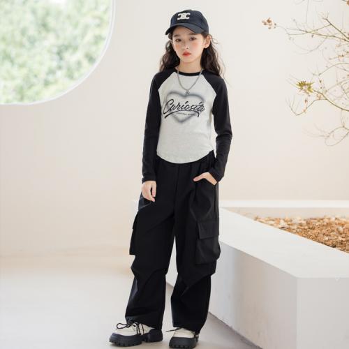 Polyester Girl Clothes Set & two piece & loose Pants & top printed letter white and black Set