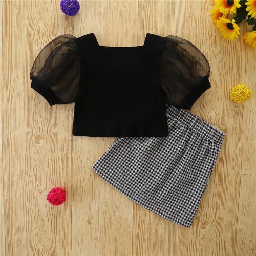 Cotton Girl Two-Piece Dress Set & two piece skirt & top printed plaid black Set