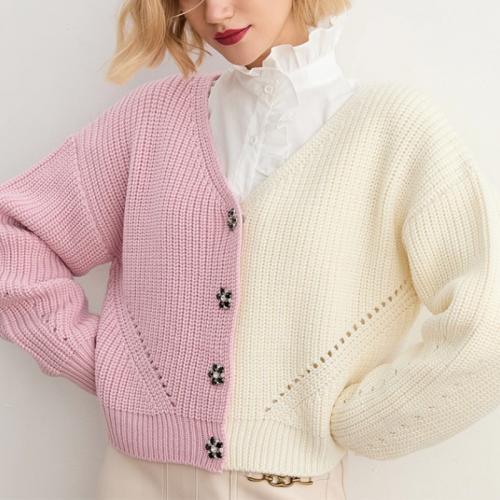 Cashmere & Polyester Women Cardigan contrast color & thermal knitted : PC