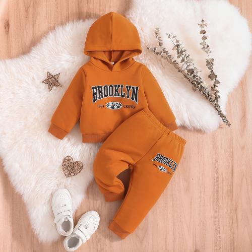 Polyester With Siamese Cap Baby Clothes Set Sweatshirt & Pants printed letter Set
