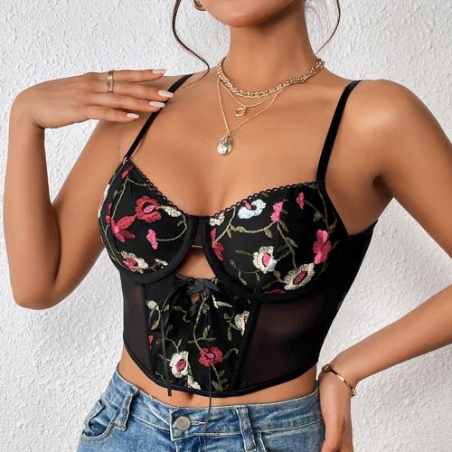 Gauze & Polyester Camisole deep V & backless & hollow embroidered floral black PC