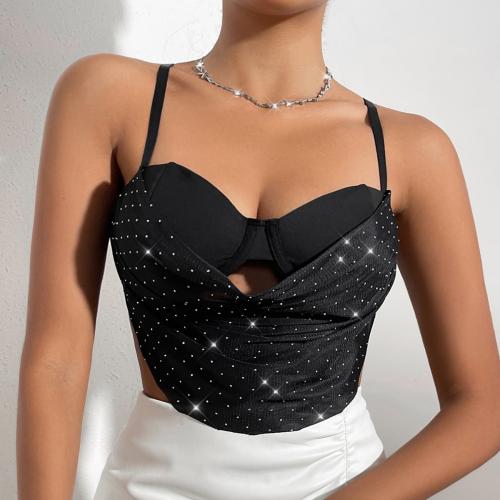 Polyester Push Up Camisole deep V & backless iron-on Solid black PC