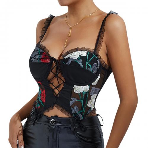 Lace & Polyester Push Up Camisole backless & hollow embroidered floral black PC