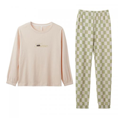 Cotton Women Pajama Set & two piece & breathable plaid beige Set