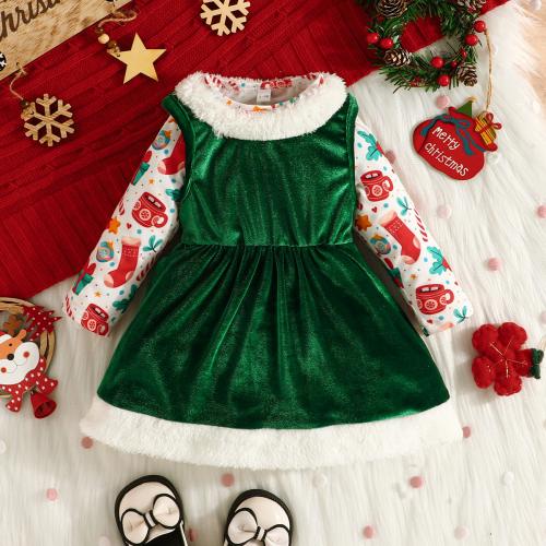 Polyester Christmas costume Baby Skirt dress & teddy printed mixed pattern green Set