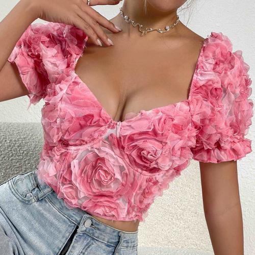 Polyester Slim Women Short Sleeve Blouses deep V printed floral pink PC