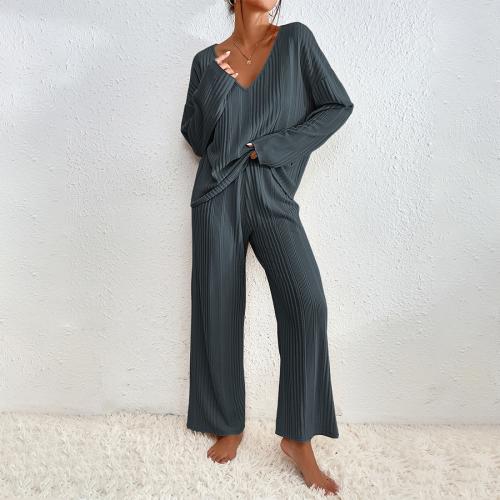 Polyester Women Pajama Set & two piece & loose Pants & top Solid Set