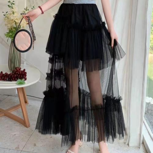 Gauze Maxi Skirt see through look & double layer & ankle-length Solid : PC