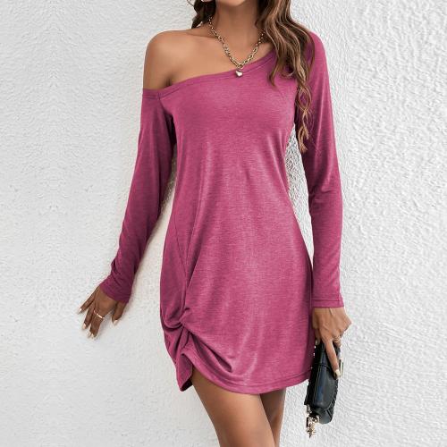 Polyester shoulder slope One-piece Dress & loose patchwork Solid fuchsia PC