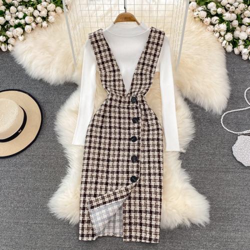 Mercerized Cotton front slit & Sheath Two-Piece Dress Set & two piece plaid Set