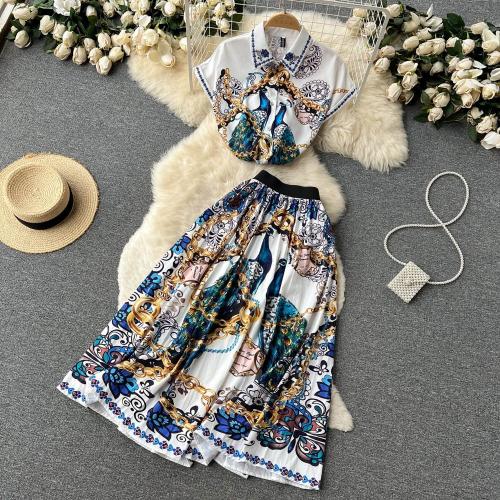 Mixed Fabric Soft Two-Piece Dress Set large hem design & two piece printed peacock feather pattern Set