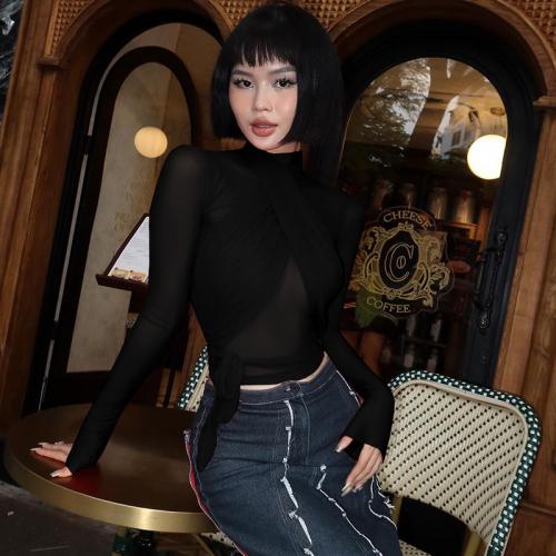 Gauze Crop Top Women Long Sleeve Blouses see through look & breathable Solid PC