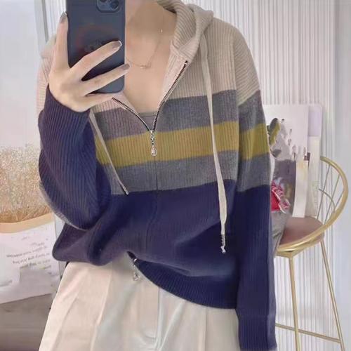 Polyester Women Cardigan loose knitted patchwork : PC