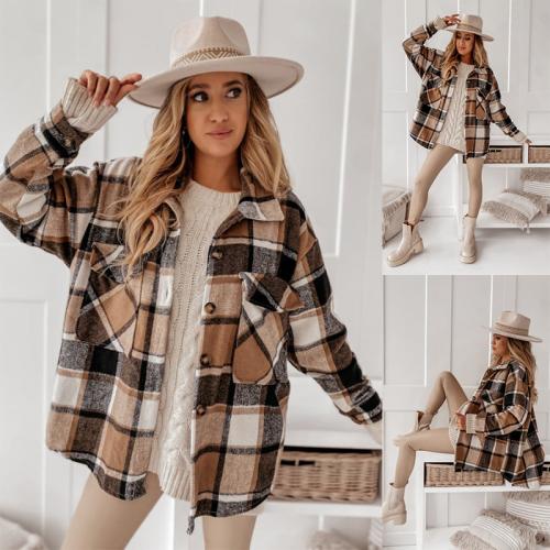 Polyester Women Coat & loose plaid coffee PC