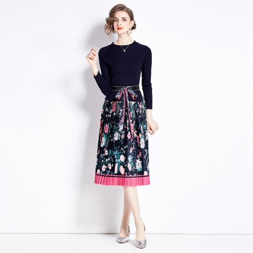 Polyester Waist-controlled & Slim & Pleated One-piece Dress printed floral PC