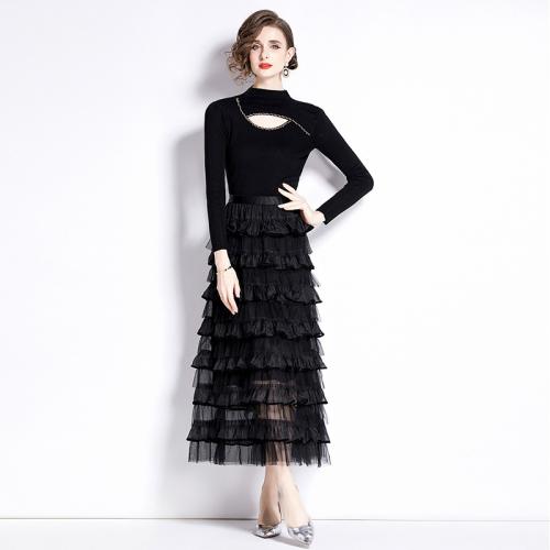 Polyester Soft & Layered Two-Piece Dress Set & two piece Solid black Set