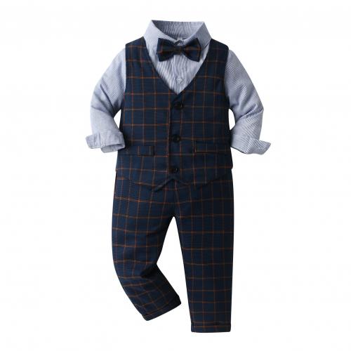 Cotton Boy Clothing Set Necktie & vest & Pants & top plaid blue Set