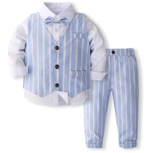 綿 少年服セット ネクタイ & ベスト & パンツ & ページのトップへ 印刷 ストライプ 青 セット