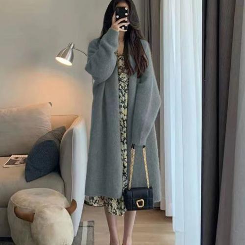 Acetate Fiber & Cashmere Women Long Cardigan loose & thermal knitted Solid : PC