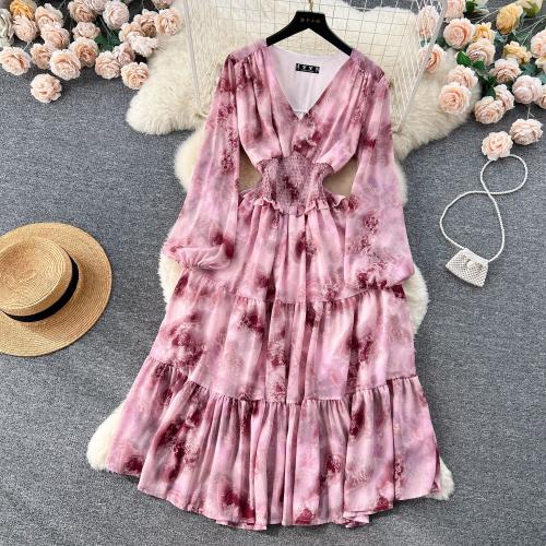 Polyester Waist-controlled One-piece Dress breathable Tie-dye shivering : PC