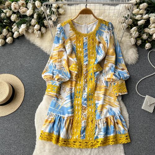 Polyester Waist-controlled One-piece Dress & breathable crochet yellow PC