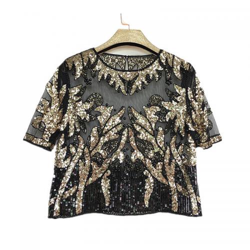 Sequin & Polyester Women Short Sleeve T-Shirts see through look & loose & breathable : PC