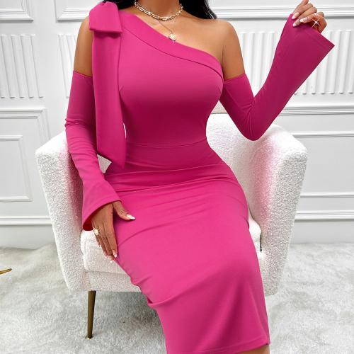 Polyester Slim Sexy Package Hip Dresses back split Solid fuchsia PC