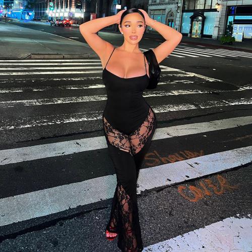 Polyester Slim Long Jumpsuit see through look black PC