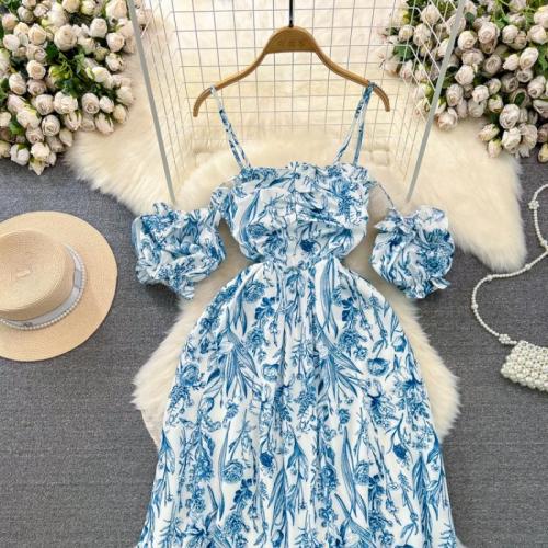 Polyester Slim Slip Dress & tube printed floral blue and white PC