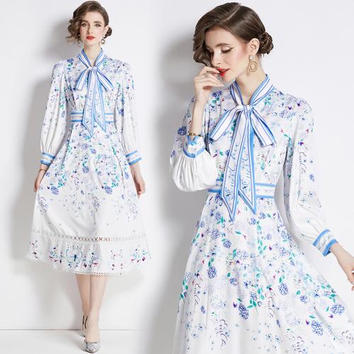Polyester Waist-controlled One-piece Dress printed floral white PC