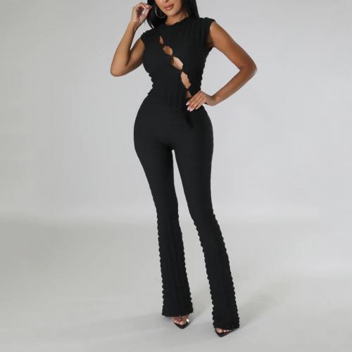 Polyester Slim Long Jumpsuit & hollow patchwork Solid PC