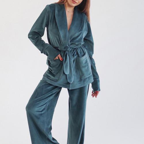 Polyester Women Pajama Set & two piece & with pocket Pants & top Solid Set