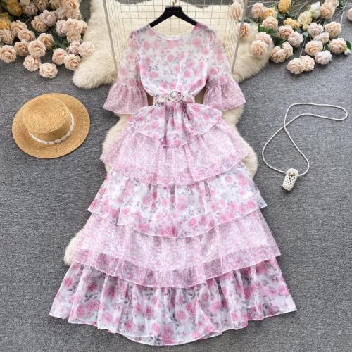 Polyester Waist-controlled & Layered One-piece Dress & breathable shivering pink PC