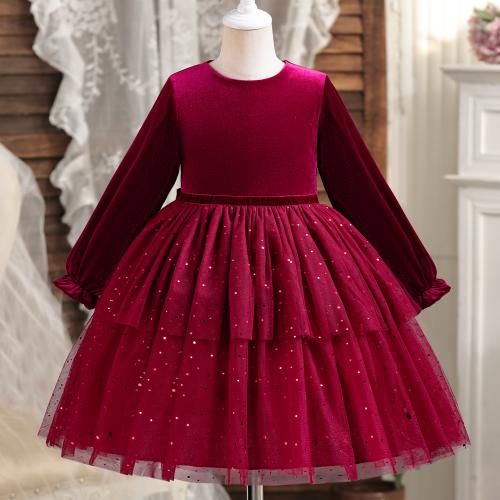 Sequin & Polyester Slim & Princess & Ball Gown Girl One-piece Dress patchwork wine red PC