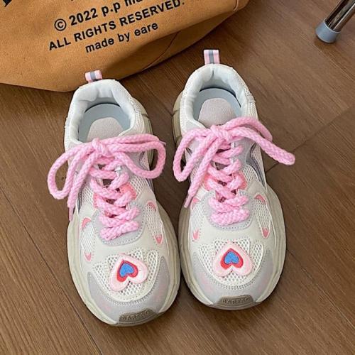 Síťovina & PU kůže Dámské sportovní boty Stampato vzor srdce růžová a bílá Dvojice