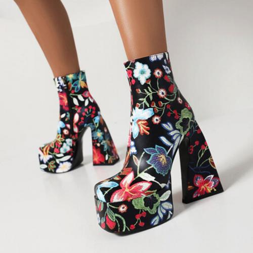 Microfiber PU Synthetic Leather & Rubber heighten & Platform Boots hardwearing printed floral Pair