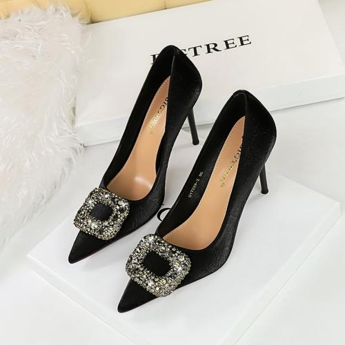 Silk Stiletto High-Heeled Shoes & with rhinestone black Pair