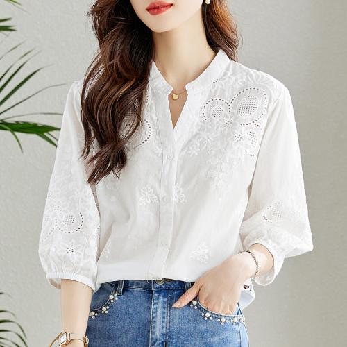 Cotton Women Long Sleeve Shirt embroidered Solid PC