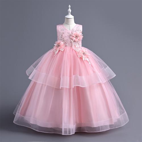 Gauze & Polyester Princess Girl One-piece Dress large hem design & breathable embroider Solid PC