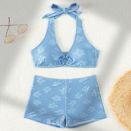 Spandex & Polyester Tankinis Set backless & two piece printed floral blue Set