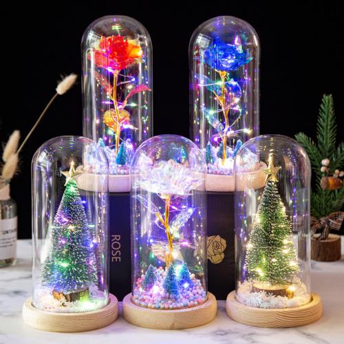 Glass & Wood & Plastic Valentines Gift Preserved Flower Decoration Battery Type & with LED lights & christmas design PC
