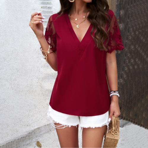 Polyester Women Short Sleeve T-Shirts see through look & loose & breathable jacquard Solid PC