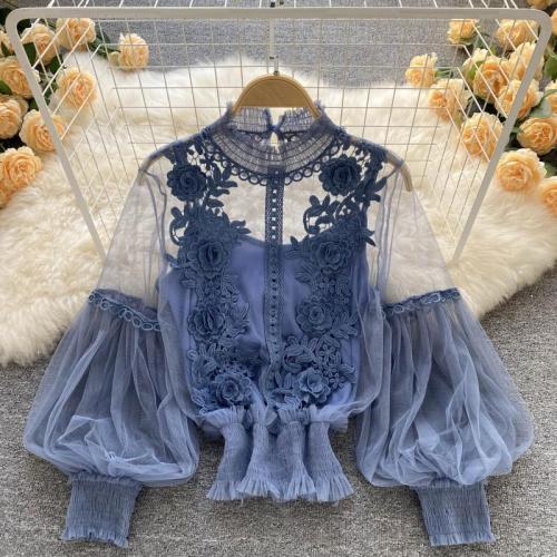 Polyester Waist-controlled Women Long Sleeve Blouses see through look patchwork : PC