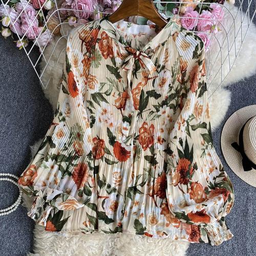 Polyester Women Long Sleeve Shirt loose & breathable printed shivering white : PC