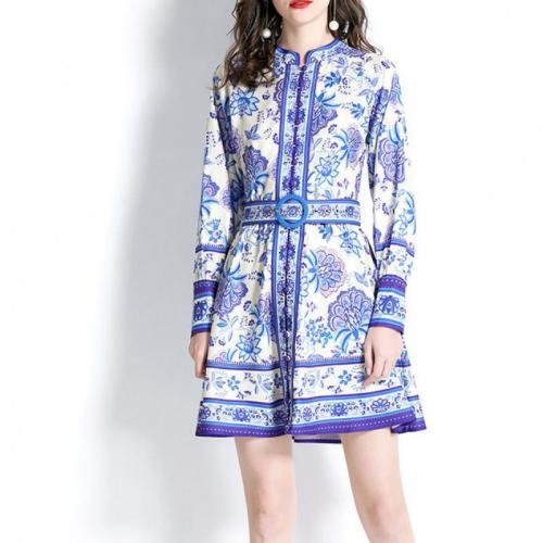 Polyester Waist-controlled One-piece Dress & with belt & breathable blue PC