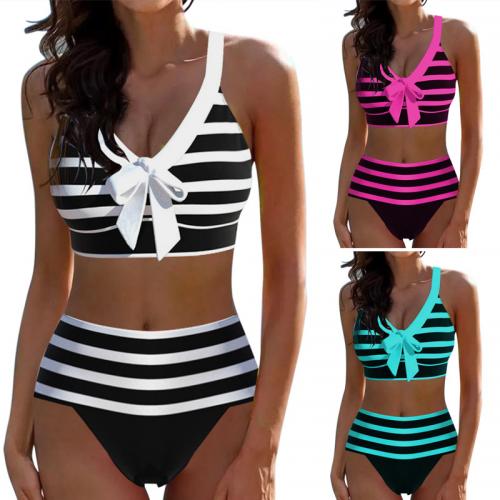 Polyester High Waist Tankinis Set backless & two piece & off shoulder & breathable & skinny style striped Set