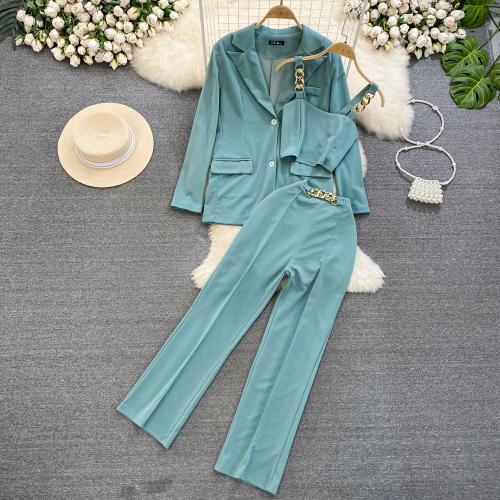 Polyester High Waist Women Leisure Suit three piece Nine Point Pants & camis & coat Solid : Set